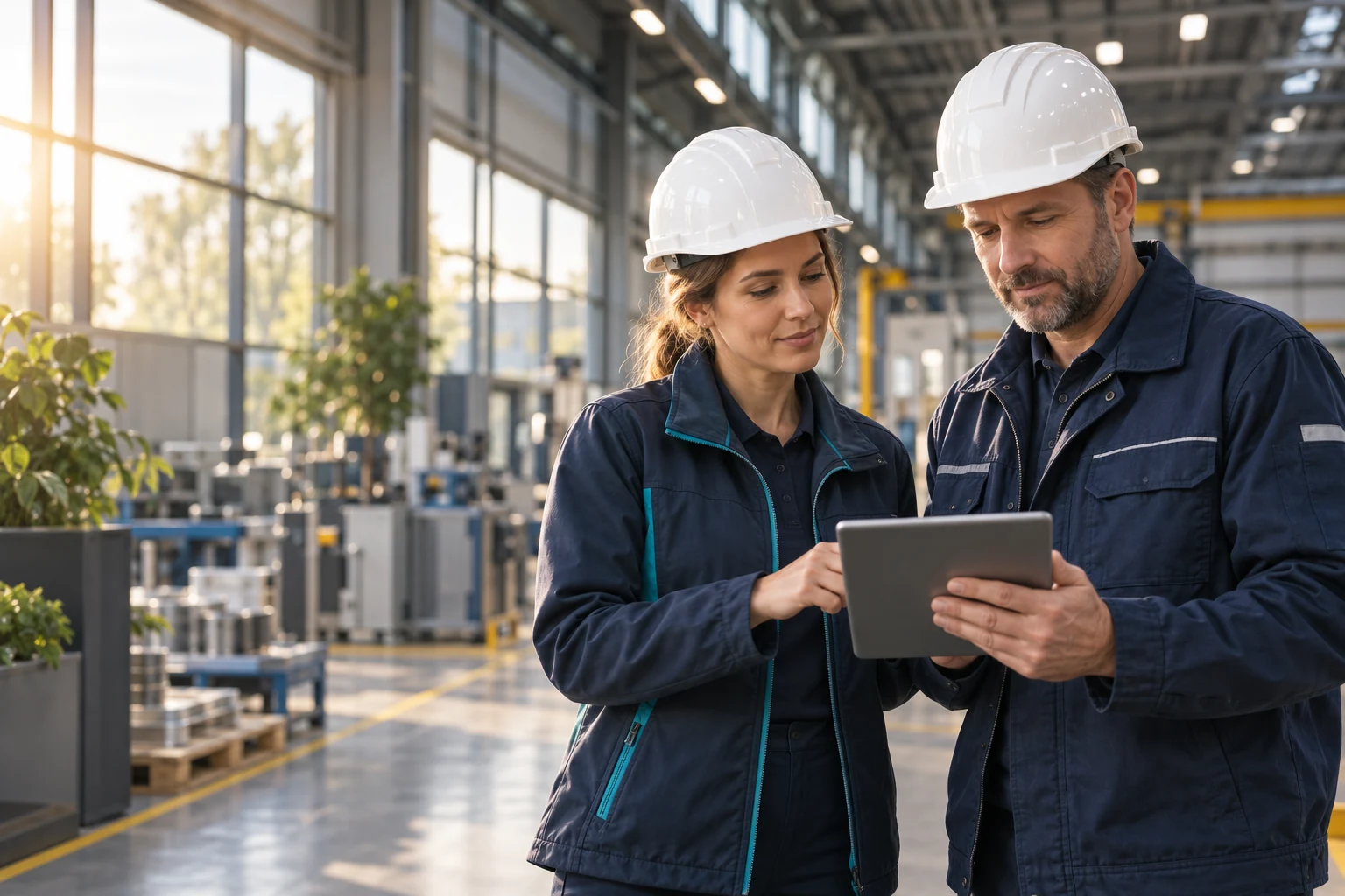 Illustrative image of two professionals reviewing a tablet in a modern industrial workplace